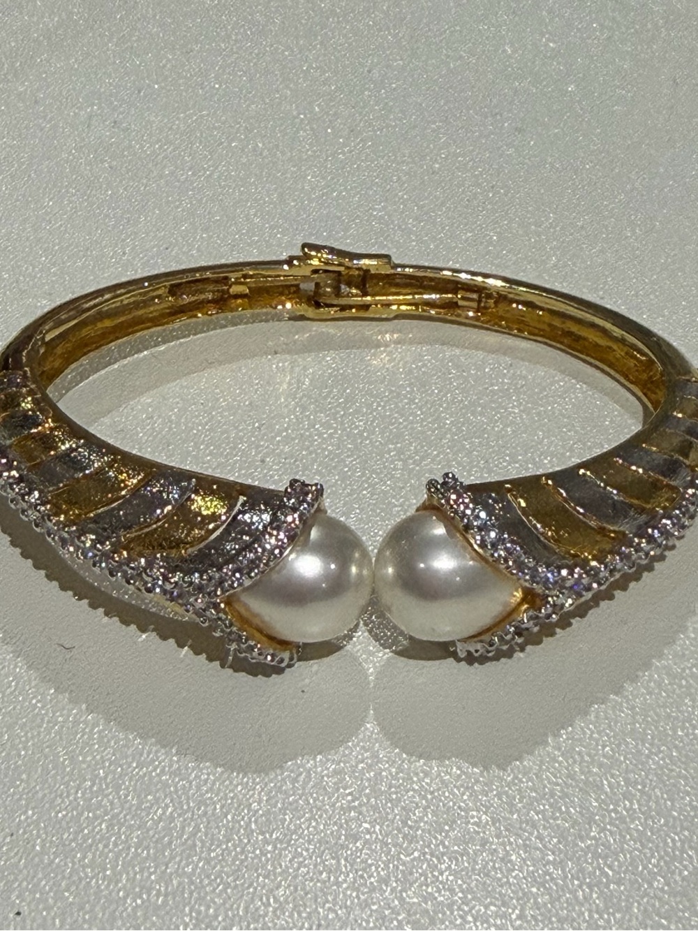 Gold-Tone Pearl and Crystal Hinged Bangle Bracelet